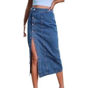 High Waist Skirt Button Up Long Denim Slit Skirt, Large